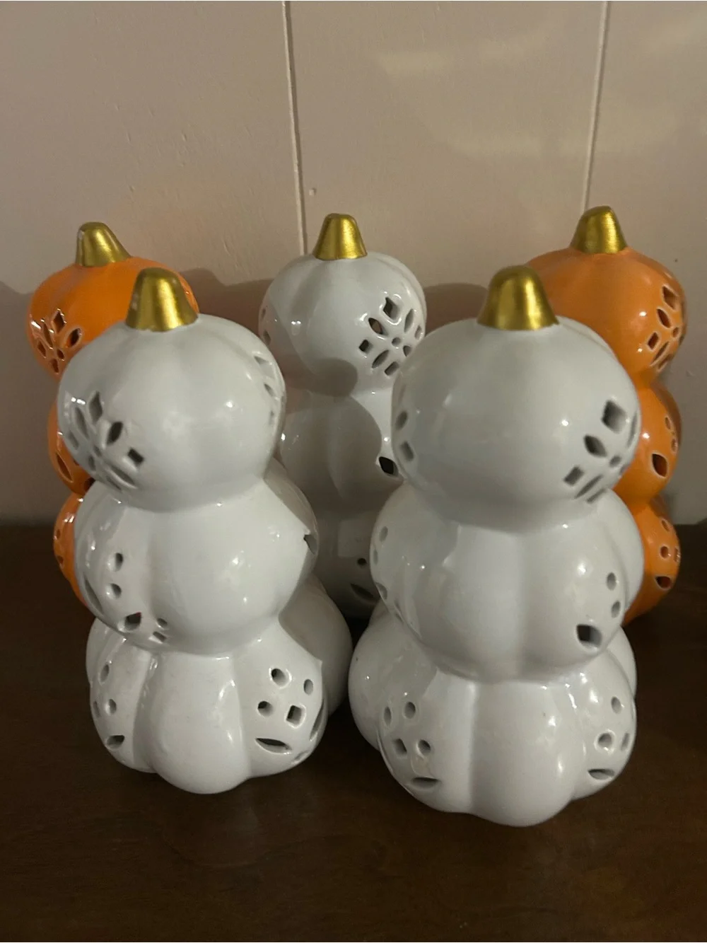 Ceramic Pumpkin Stack Lanterns - White and Orange with Gold Tops 5 pieces